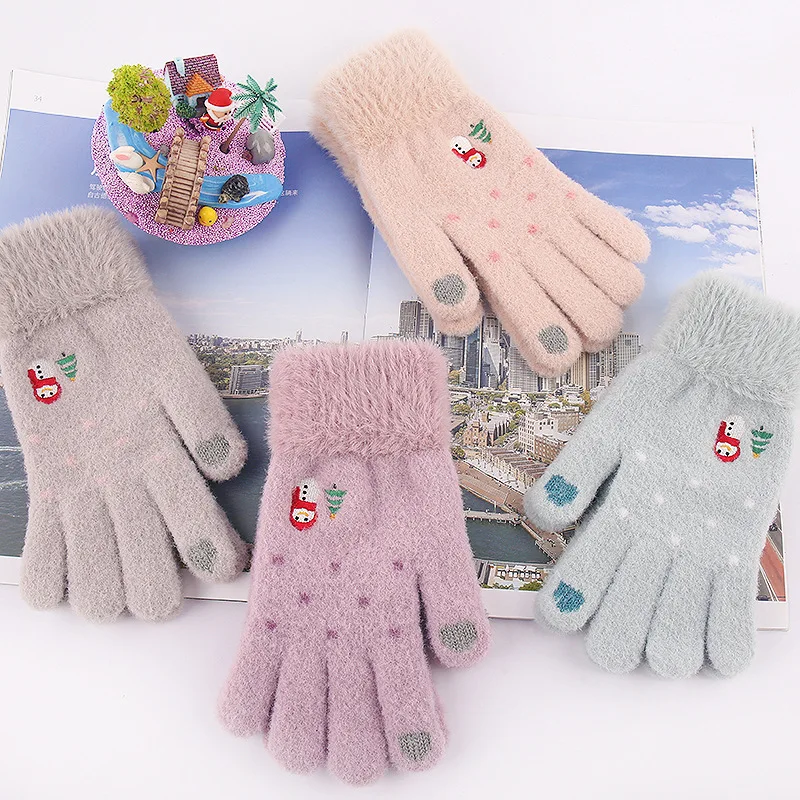 

Winter Plus Velvet Thicken Xmas Print Mittens Imitation Mink Touch Screen Knitted Gloves Full Fingers Soft Warm Cartoon Women