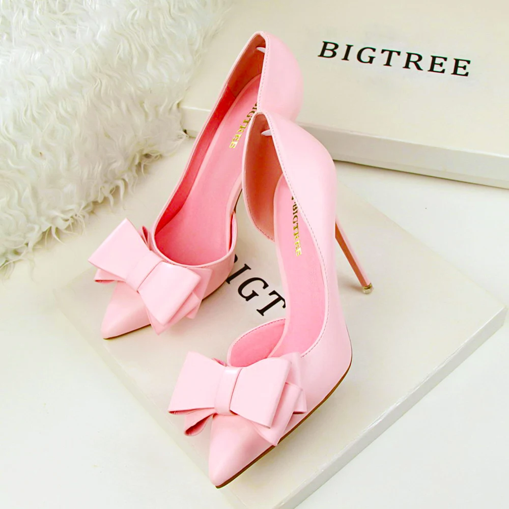 Korean Fashion Women's Shoes Wedding Bow High Heels Stiletto Heels Shallow Pointed Head Side Empty Thin Shoes 2