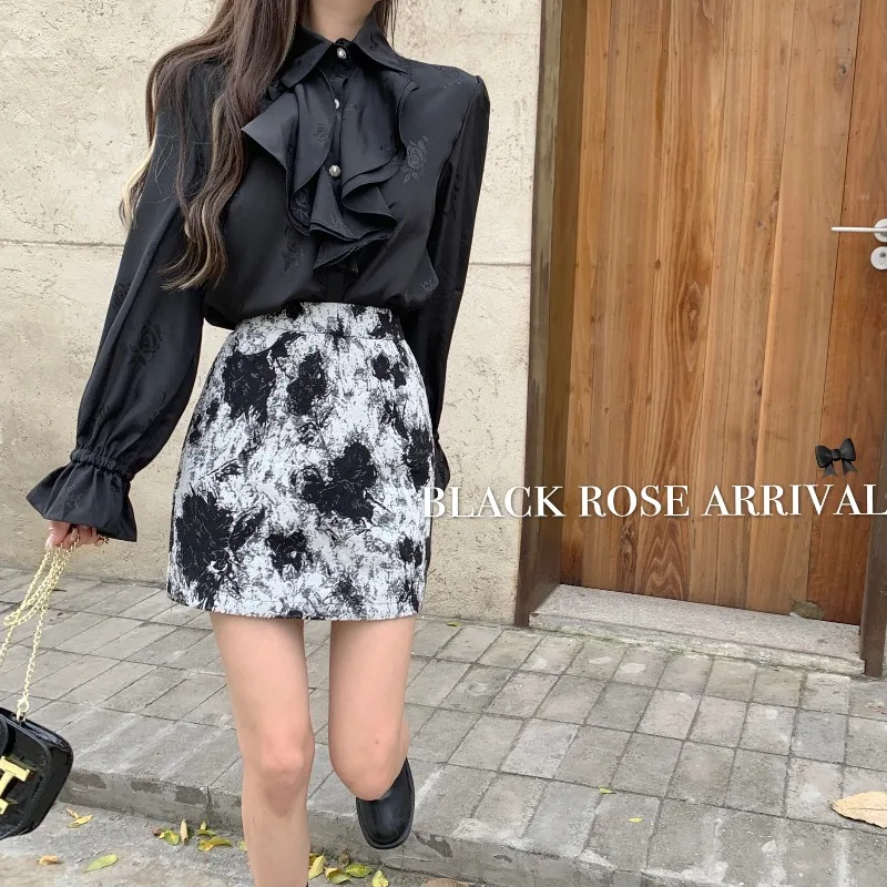 Shirt Women's Autumn/winter Retro Black Loose Long Sleeve Bubble Versatile Blouse Fashion Elegant Ladygirl Skirt | Женская одежда