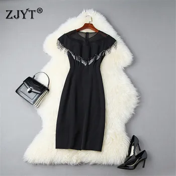 

2020 Summer Designer Women Elegant Lady Ruffle Mesh Patchwork Beading Tassel Slim Black Straight Party Dress Vestidos