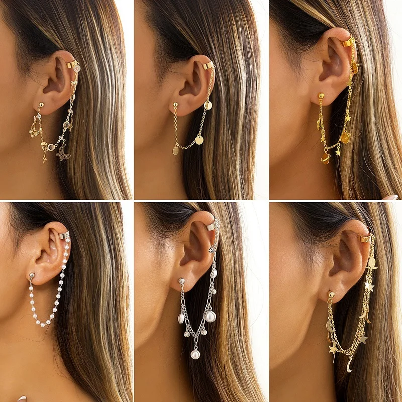 Trendy Pearl Butterfly Ear Cuff Earrings For Women Fashion Piercing Stud Star Tassel Dangle Cuffs Clip On Jewelry | Украшения и