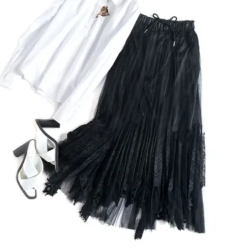 

Women Skirt Spring/Summer 2020 New Elegant Pure Color Temperament A-line Mesh Stitching Lace Long Skirts For Women