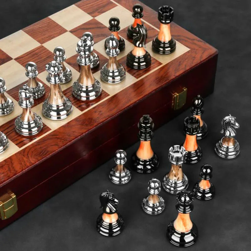 High Quality Luxury Metal Chess Figures 45*45*3cm New Wooden Chess Set Chessboard Games Folding Alloy Home Chess Decorations Set