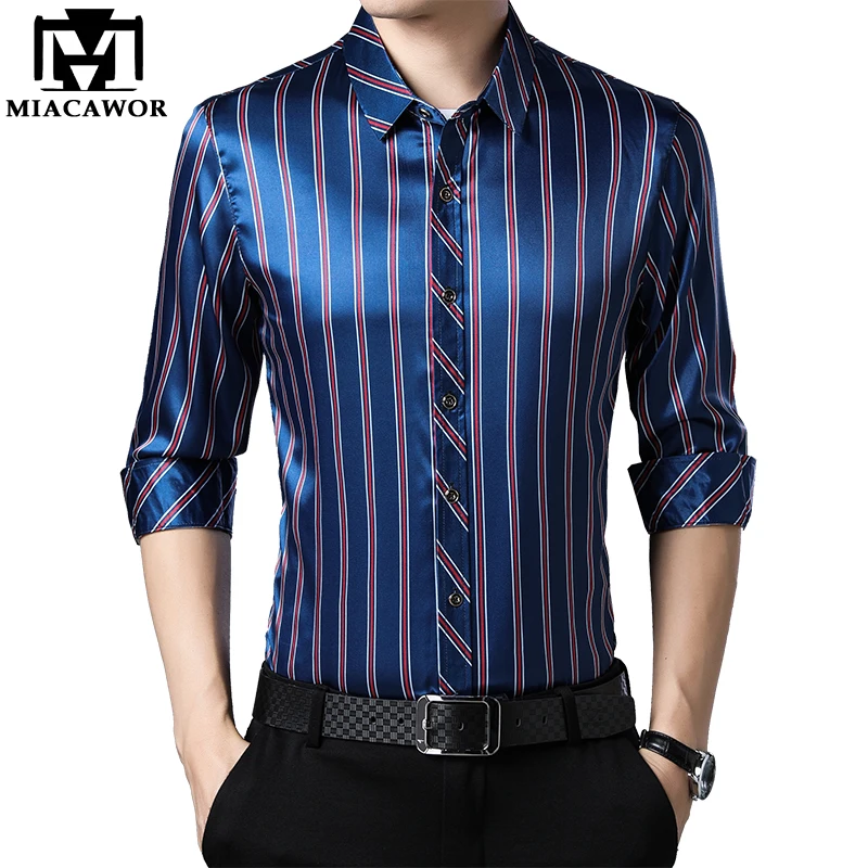 

MIACAWOR New 2023 Casual Shirts Men Fashion Striped Long Sleeve Dress Shirt Men Slim Fit Camisa Masculina Plus Size 4XL C566