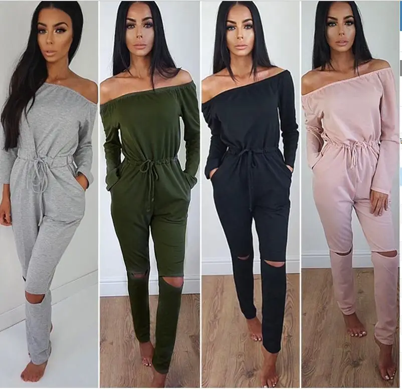 

2019 Spring And Autumn Solid Color Word Collar Tube Top Strapless Long Sleeves Jumpsuit Trousers