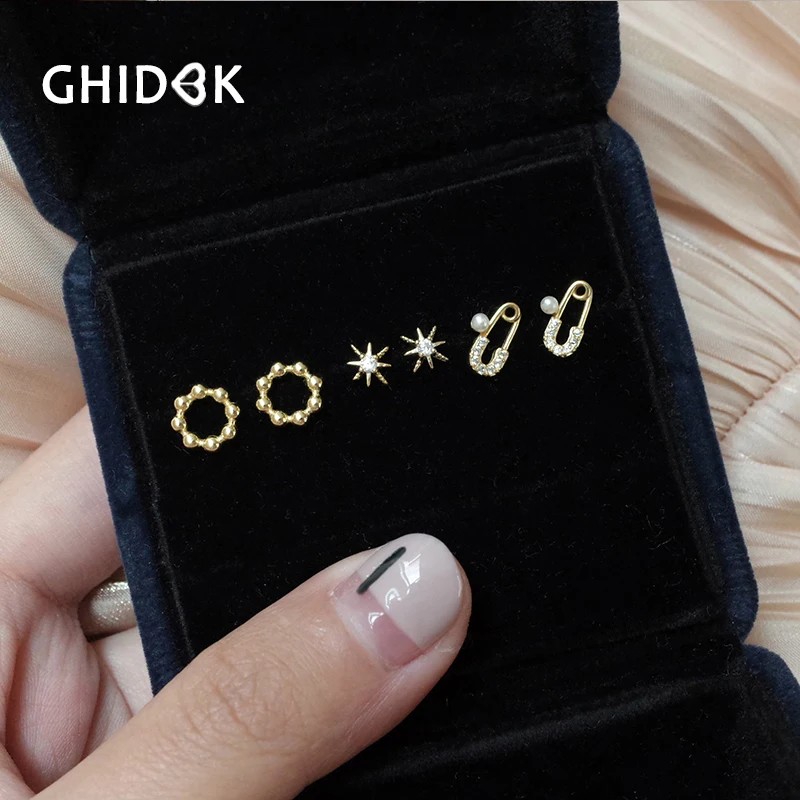 Серьги-гвоздики GHIDBK с круглым фианитом золотистые милые изящные крошечные