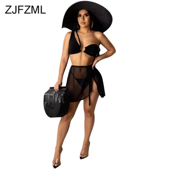 

Black White Three Piece Set Women Bathing Swimsuit One Shoulder Crop Top+Panties+Sheer Mesh Skirts Summer Beach Party Swimwear