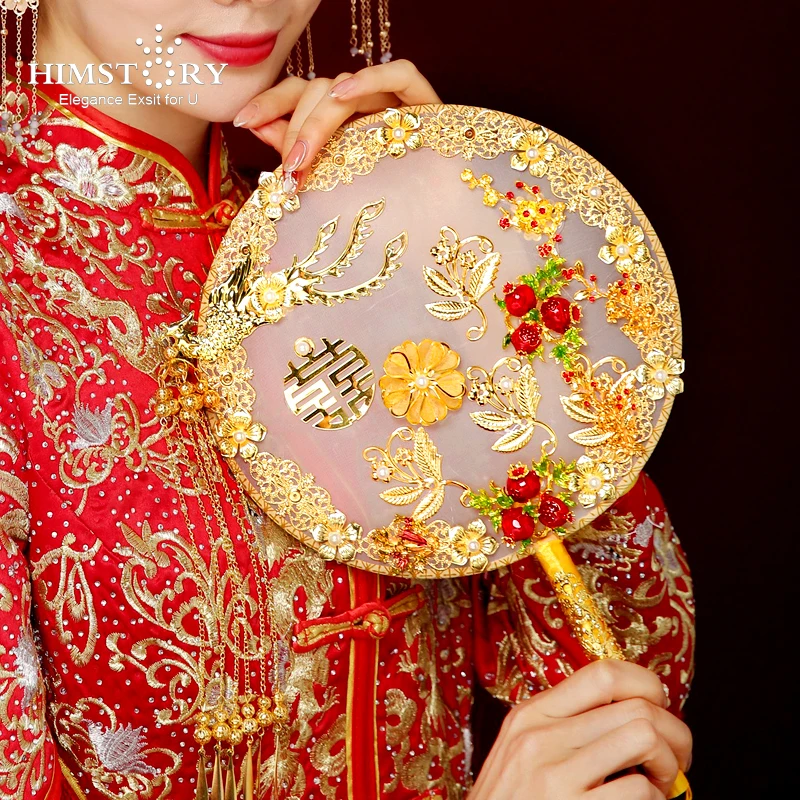 HIMSTORY Traditional Chinese Wedding Bridal Bouquet Fan Gold Red Flowers Beaded Ancient Bride Hand Holder Fans to Cover Face