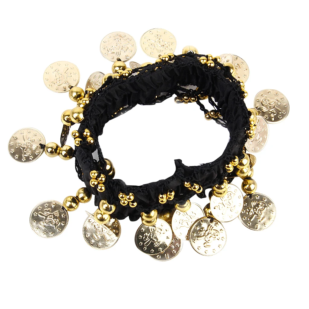 Chic Belly Dance Arm Ankle Cuff Wrist Bracelets W/ 24 Golden Coins - Black