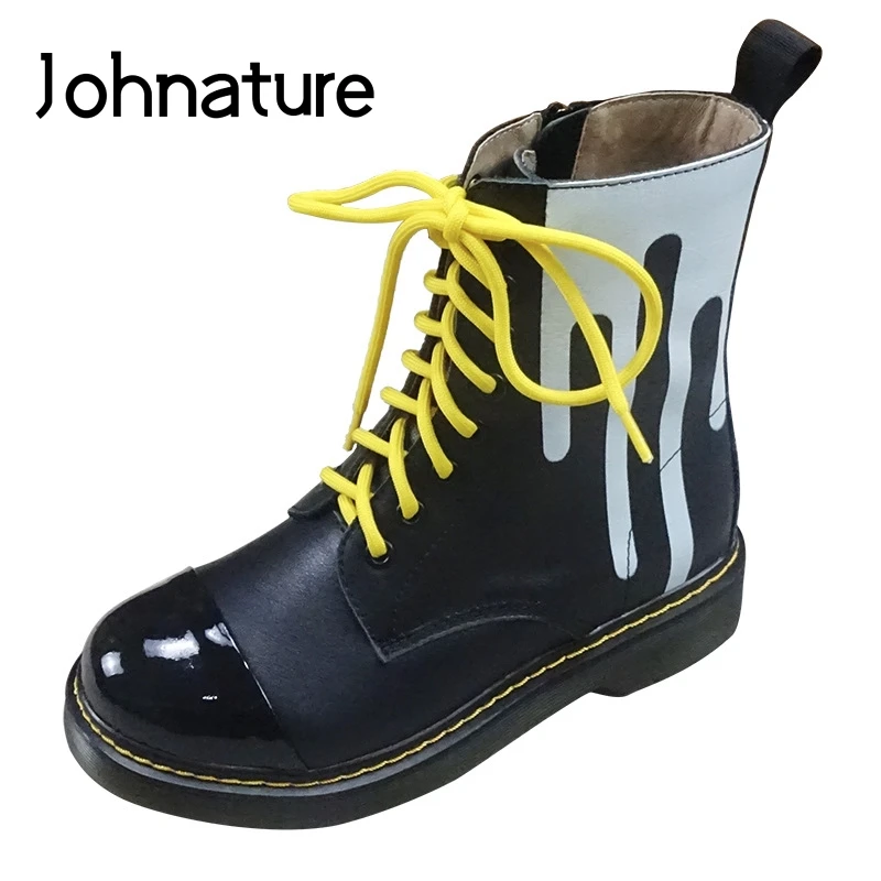 

Johnature Platform Boots Genuine Leather Retro Women Shoes Round Toe Zip 2019 New Autumn Winter Cross-tied Graffiti Ankle Boots