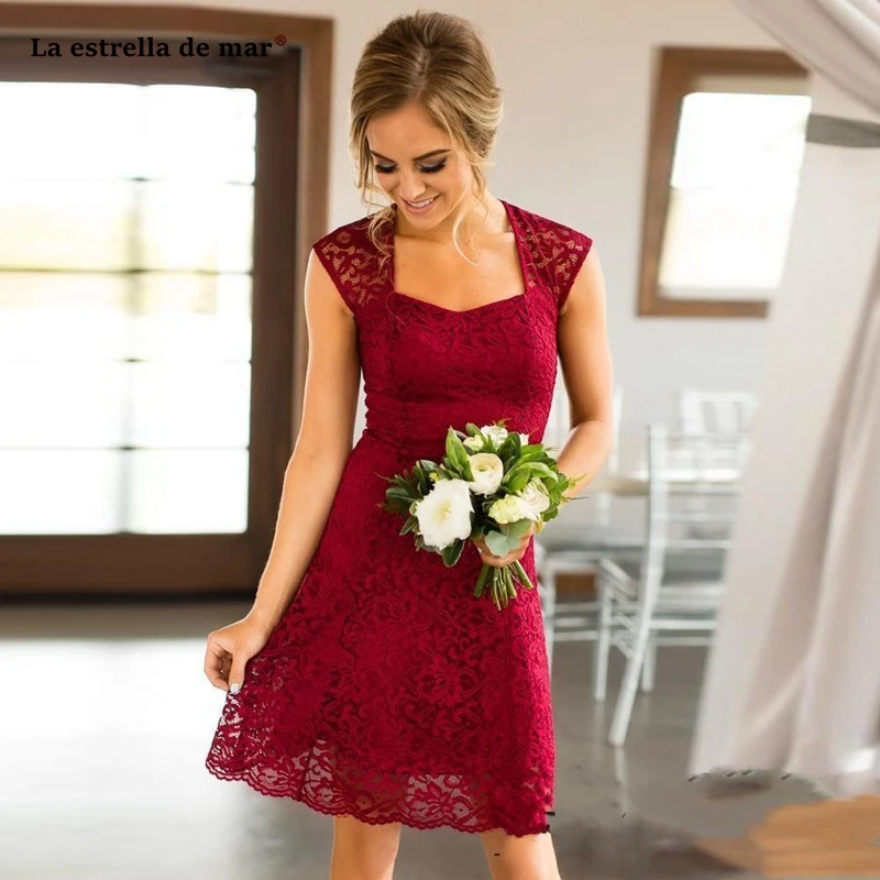 

Vestidos de festa new lace square collar back A line burgundy bridesmaid dresses knee length wedding guest dress custom