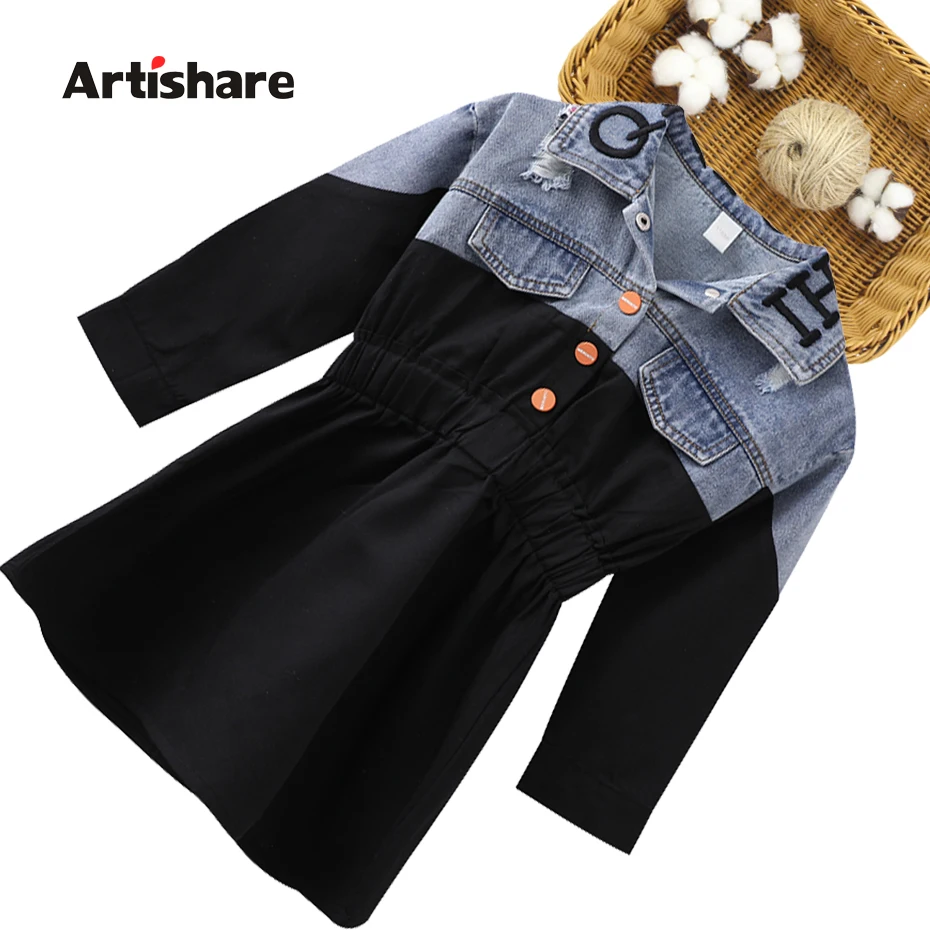 Dress For Girl Patchwork Girls Denim Dresses Letter Pattern Child Srping Autumn Casual Style Clothing | Детская одежда и обувь