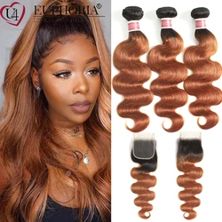 Ombre Brown Body Wave Bundles With Lace Closure 4x4 1b/27 1b/30 Hair Brazilian Human Hair 3 Bundles With Lace Closure Euphoria