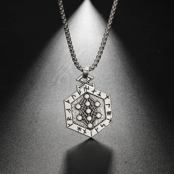 

EUEAVAN 10pcs Antique Silvery Hexagon Tree Of Life Pendant Necklace Viking Runes Talisman Amulet Wicca Jewelry for Man