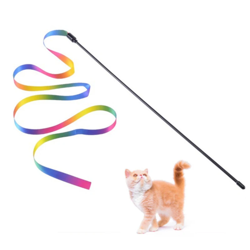 28cm Funny Cat Stick Cat Interactive Toy Double-sided Rainbow Ribbon Cat-teaser Stick Rainbow Ribbon Kitten Training Cat Supply