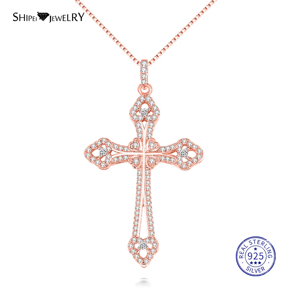 Rose Gold Shipei стерлингового серебра 925 ювелирные изделия розовое золото желтый золотой белый сапфир нательный крест на цепочке ожерелье для женщин мужчин - Цвет камня: Rose Gold
