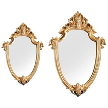 2 Pcs Relief Resin Decor Mirror Wall Hanging Mirror Bathroom Decor Gold Shield Shape Makeup Mirror Decor, Large & Small