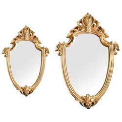 2 Pcs Relief Resin Decor Mirror Wall Hanging Mirror Bathroom Decor Gold Shield Shape Makeup Mirror Decor, Large & Small