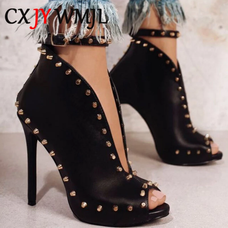 

Rivet Sandals For Women Sexy High Heels PU Fish Mouth Shoes Summer Black 12cm High Heel Sandal Rome Ankle Buckle Strap Female 40
