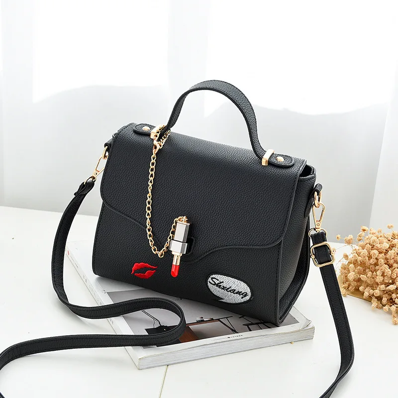Женская кожаная сумка, женская сумка на плечо, маленькая сумка через плечо, Сумка с вышивкой в виде помады, дизайнерская повседневная женская сумка - Цвет: Black