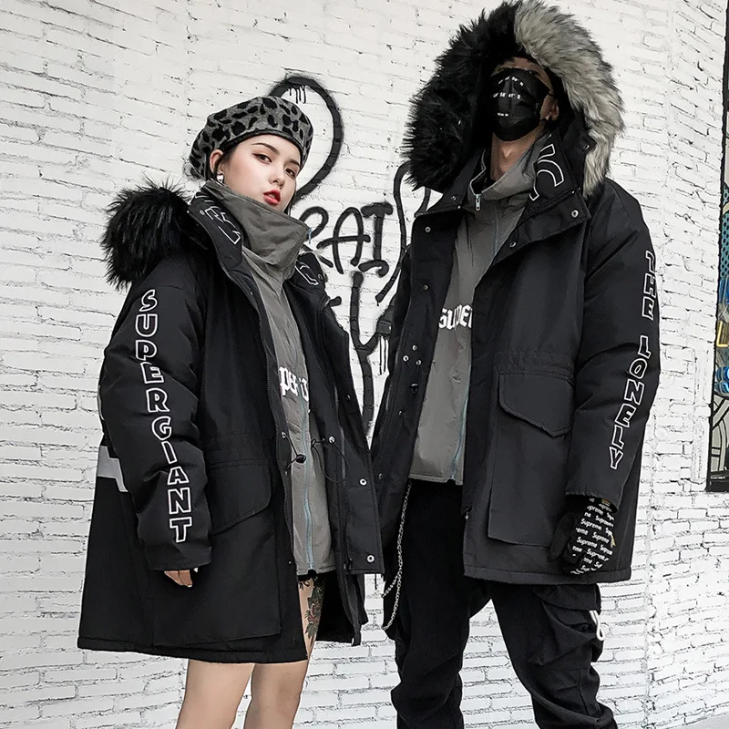 90% OFF Hip Hop Fur Collar Parkas Men Women Streetwear Thick Winter Jacket Coats Reflective Strip Loose Parka Couples Oversize DG543