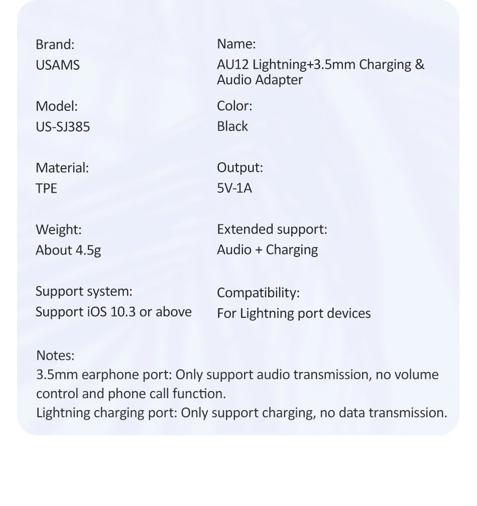 USAMS освещение 3,5 мм аудио адаптер Разъем для наушников 3,5 двойное освещение Зарядка адаптер USB кабель для iPhone X 11 OTG адаптер