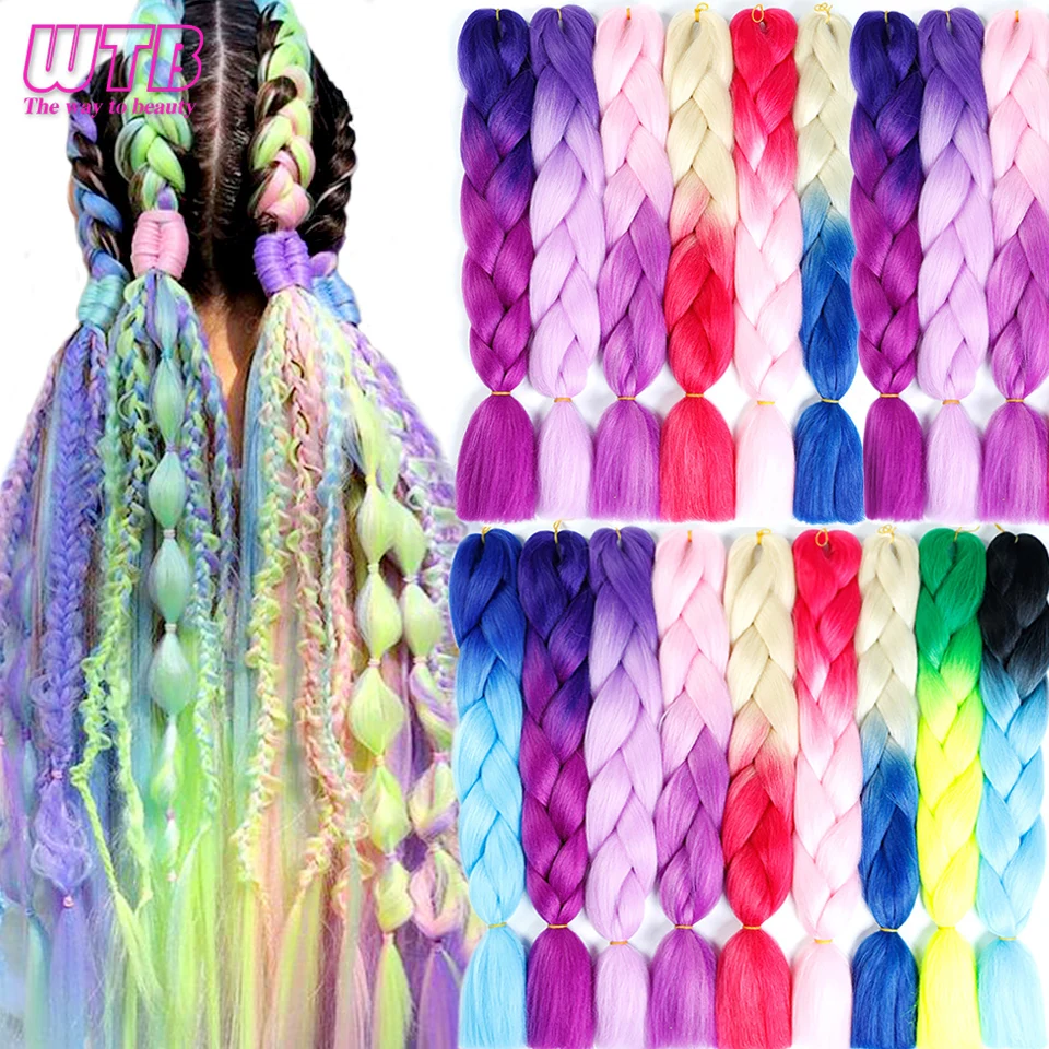 WTB 100g/pack 24inch Long Jumbo Synthetic Braiding Hair Pink Blonde Purple Color Ombre Crochet Braids Hair Extensions for Woman