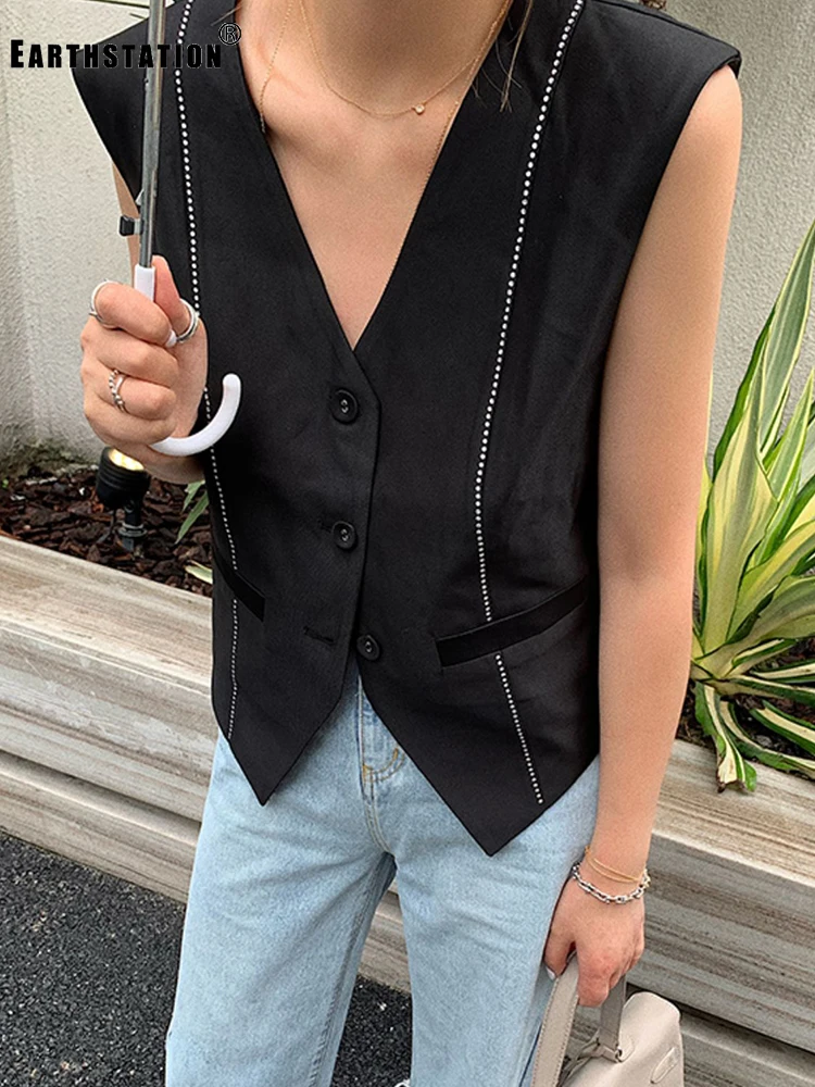 Free shipping heavy craft stitching diamond chain V-neck thin section vest jacket ladies autumn new style personality wild top | Женская
