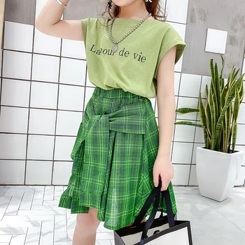 

Streetwear Girls T-shirts Plaid Skirts Asymmetrical Cotton Sets Children Clothes Fashion Teens Girls Outfits Summer Two-piece