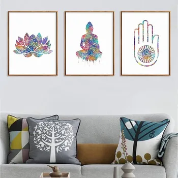 

Abstract Watercolor Buddha Statue Lotus Canvas Painting Zen Buddhism Islamic Wall Art Mural Living Room Decor Painting Pictures