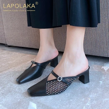 

Lapolaka 2020 New Fashion Genuine Cow Leather Square Heels Summer Shoes Woman Pumps Mules Slip-On Crystal Pumps Mules