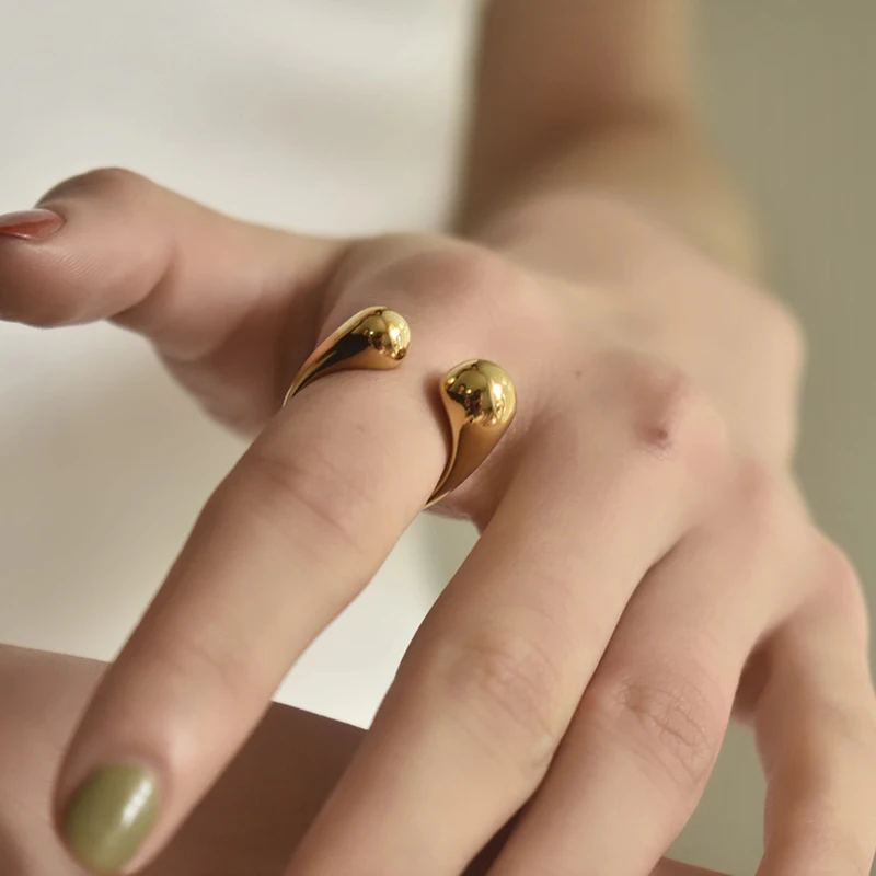 PerisBox Gold Silver Color Waterdrop Rings Asymmetric Double Circle Geometric Rings