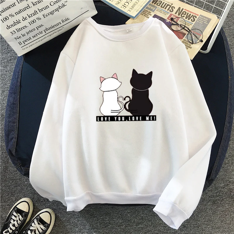 

Fashion Autumn Winter Women Sweatshirt Simple Cartoon Cat Pattern Printing Loose O-Neck Casual Harajuku Pullovers Famale Tops