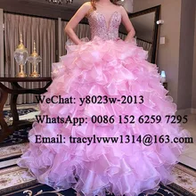 Cascading Ruffles Ball Gown Quinceanera Dresses Luxury Beads Crystal Pink Organza Sweet 16 Dress Pageant For Girls Vestidos