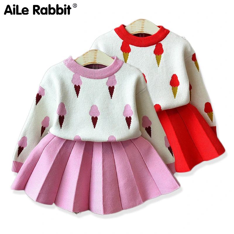 

Girls Sweater Set 2019 New Autumn Girls Ice Cream Set Long-sleeved Sweater Top Skirt Two-piece Children's Wear Kids Clothes Set