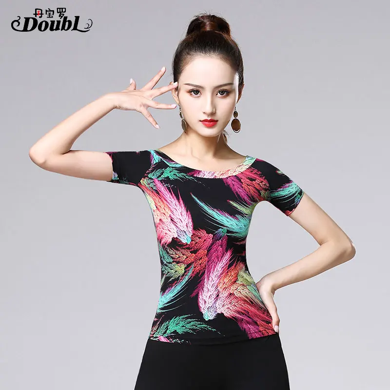 DOUBL 2020 New Vogue Women's Latin Dancing Tops Wear Printing Female Adults Ballroom Dance Short Sleeve Standard Practice Rumba