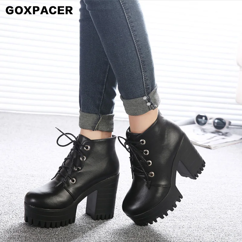 

GOXPACER 2019 Women's Round Head, High heel, Thick Bottom Waterproof Platform, Muffin, Coarse heeled Shoes with Martin Boots