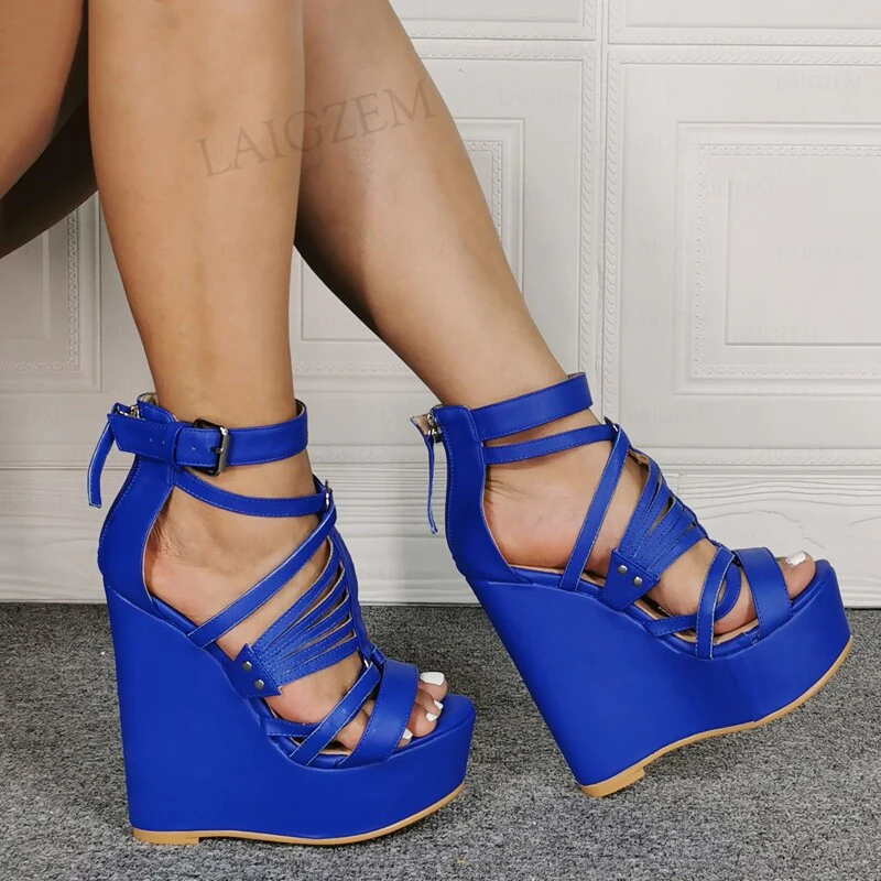 

DOHBANER Women Sandals Zip Up Strappy Platform Wedges Heels Faux Leather Pumps Female Open Toe Shoes Woman Large Size 45 47 52