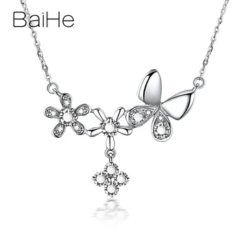 شراءBAIHE الصلبة 18K الذهب الأبيض 0.47ct الجولة الماس الطبيعي غرامة مجوهرات الخطوبة الجميلة زهرة فراشة الماس القلائد