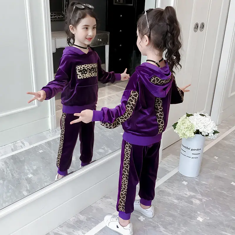 

Kids Sports Suit for Girls Tracksuit Gold Velvet Leopard Print Long Sleeve Girl Suit Hoodies Sweatsuit Autumn Children Clothing