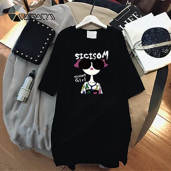 

Summer Mini Dress 2020 Women Print Cool Girl Casual Loose Female Streetwear Plus Size 4XL Kawaii Cartoon Black White Dresses