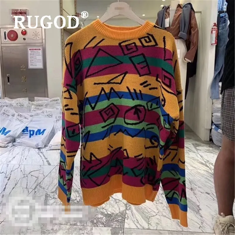 RUGOD корейский стиль полосатый контрастный цвет граффити большой пуловер женский круглый вырез вязаный свитер уличная одежда