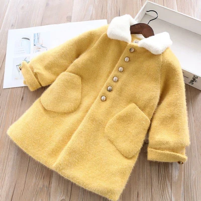 Пальто для девочек; утепленная теплая уличная одежда; зимняя детская одежда средней длины с рисунком; шерстяная куртка; детские куртки для девочек - Цвет: Цвет: желтый