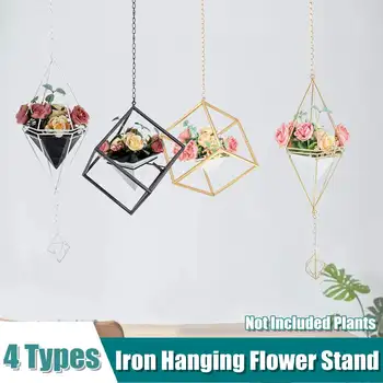 

Nordic Geometric Ceramic Iron Rack Chain Hanging Flower Pots Holder Balcony Garden Succulent Plants Decorations Gold Black White