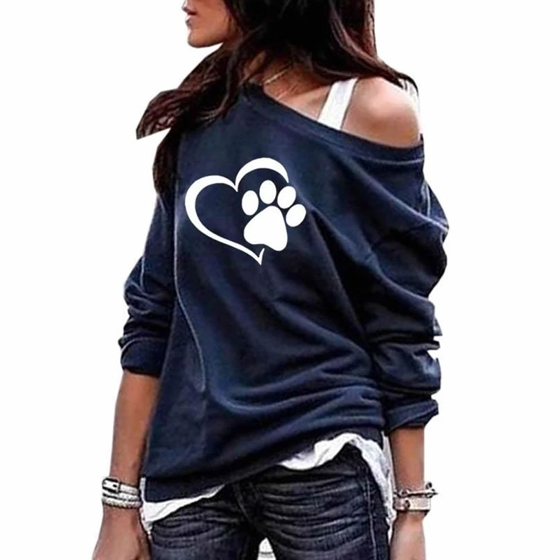  Hoodies For Women Round Neck Shoulder Hoodies DOG PAW Letters Print Sweatshirts Kawaii Women Tops F