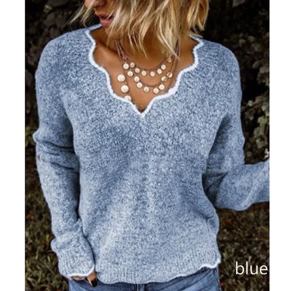 Женский Однотонный свитер с v-образным вырезом на осень и зиму, вязаный винтажный пуловер с длинным рукавом, Женский Повседневный теплый джемпер, топы 5XL - Цвет: Синий