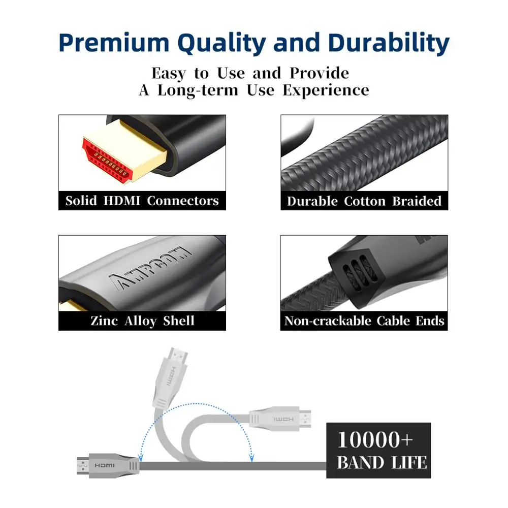 Кабель HDMI-HDMI 2.0a 2.0b, AMPCOM Инженерная серия 4 K HDMI кабель HDMI 2,0 Поддержка 3D Ethernet HDR 4:4:4 для HDTV PS4 PS3