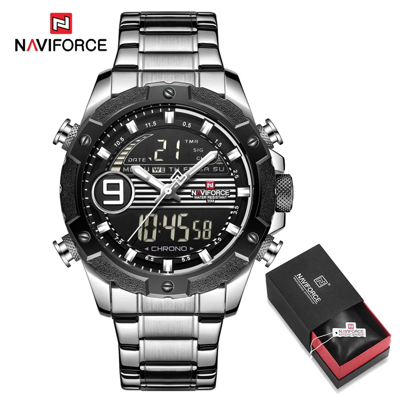 NAVIFORCE, мужские спортивные, светодиодный, цифровые часы, мужские, многофункциональные, кварцевые, водонепроницаемые наручные часы, мужские, двойной дисплей, часы, мужские и подарочная коробка - Цвет: Silver Black in Box