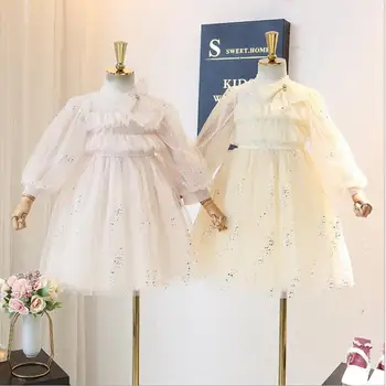 

2020 Spring Fairy Sparkle Mesh Bow Collar Dress For Girls Princess, Children Fashion Sweet Dress 5 pcs/lot, Wholesale