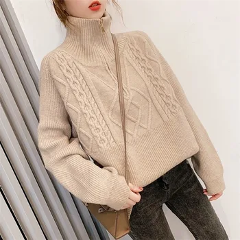 

Solid Color Zipper and Lapel Sweater Women Loose Wear Fashion 2020 New Autumn and Winter Thick Sweater Shirt Wind Sweater Women